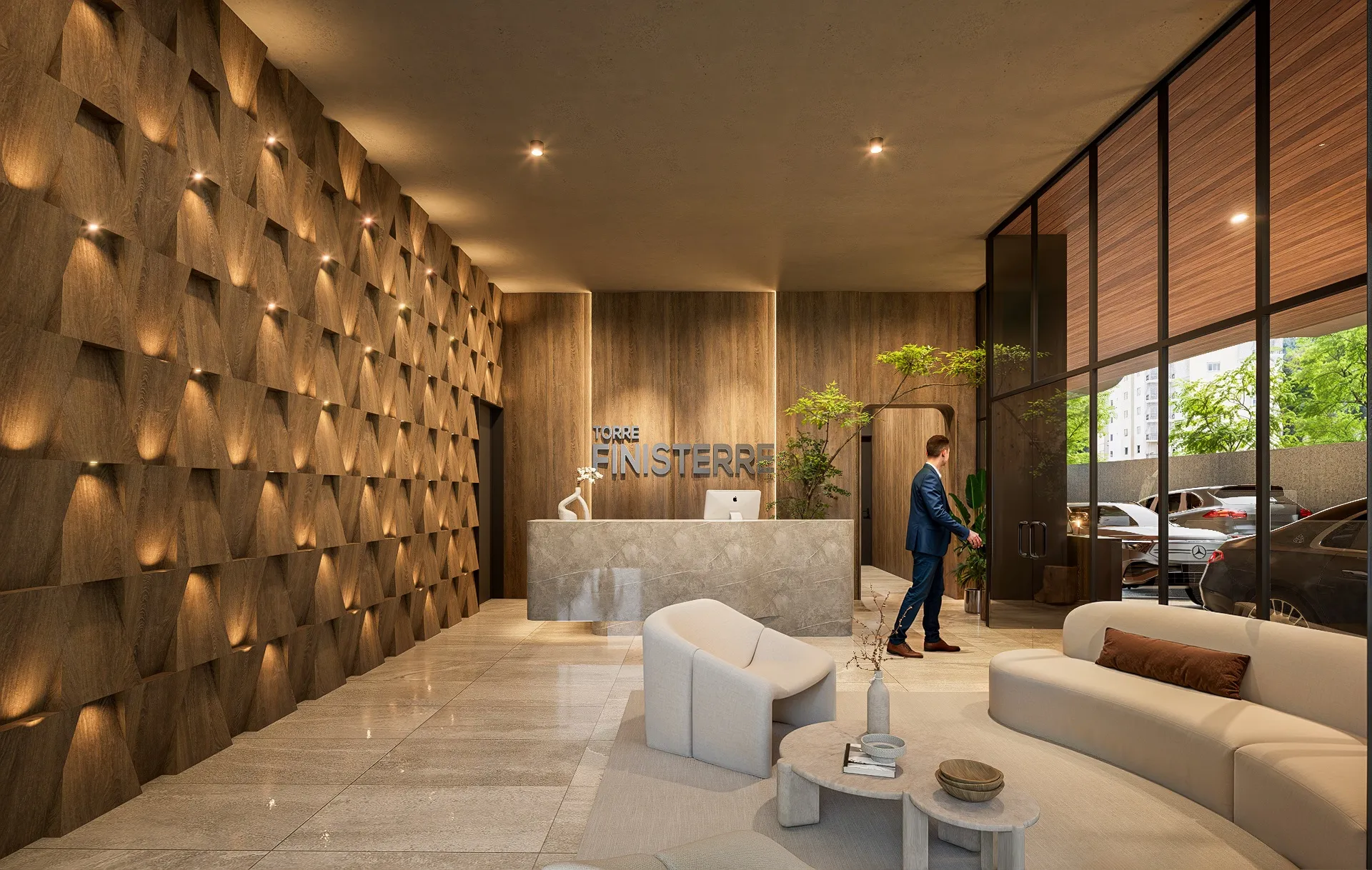 Lobby con recepción en mármol y pared escultórica de madera